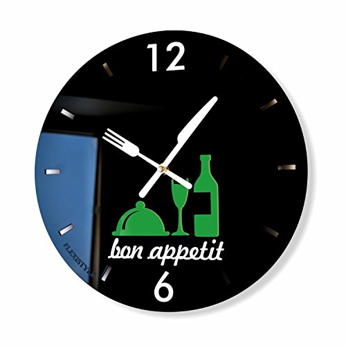 FLEXISTYLE Moderne Küchenuhr Bon Appetit rund 30cm, 3D, schwarz & grau von FLEXISTYLE