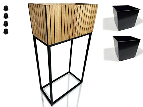 FLEXISTYLE Pflanzenständer LOFT FIORINO Metall Eiche Holz Lamelle Blumenständer Schwarz Blumentopf mit Beinen Hohe Blumentöpfe Loft Style viele Dimensionen Made in EU (22x42x80cm) von FLEXISTYLE
