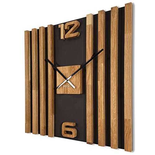 FLEXISTYLE Wanduhr groß aus Holz Lamellen SQ 60cm Holzoptik schwarz 3D Eiche modern ohne Ticken Wohnzimmer … (Schwarz/Eiche) von FLEXISTYLE