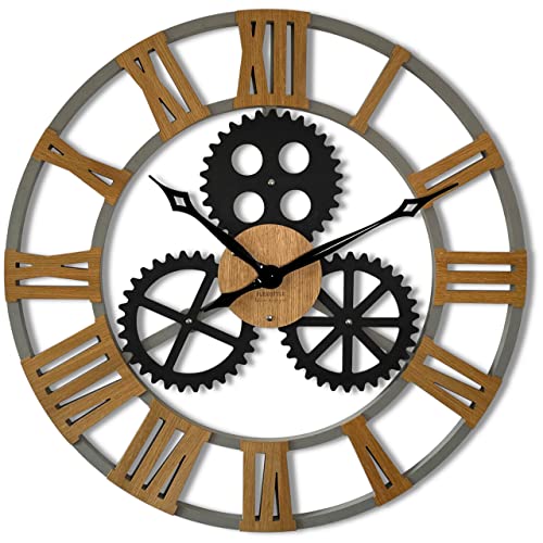 FLEXISTYLE Wanduhr Industrial Design groß 80 cm Durchmesser Retro Vintage holzoptik Eiche ohne tickgeräusche, Wohnzimmer (Grau) von FLEXISTYLE