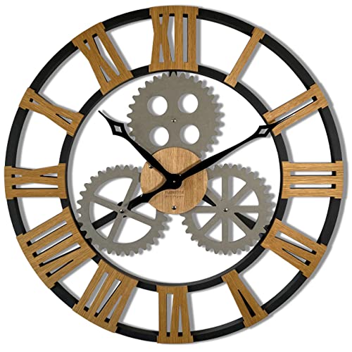 FLEXISTYLE Industrial Design groß 80 cm Durchmesser Retro Vintage holzoptik Eiche ohne tickgeräusche, Wohnzimmer (Schwarz) z229-11ad-1-x-80 80cm von FLEXISTYLE