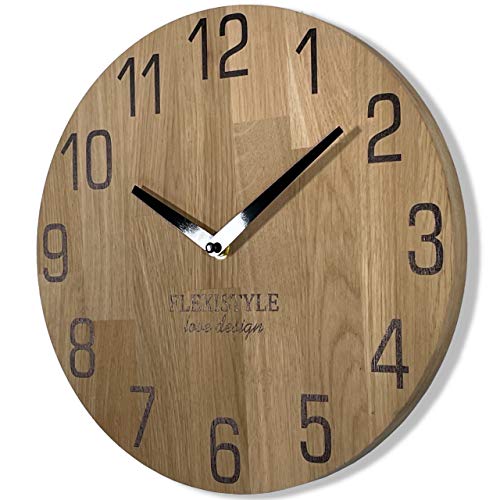 FLEXISTYLE Wanduhr Natur 30cm Durchmesser holzoptik 100% Eiche, Holz modern, Wohnzimmer, ohne tickgeräusche … von FLEXISTYLE