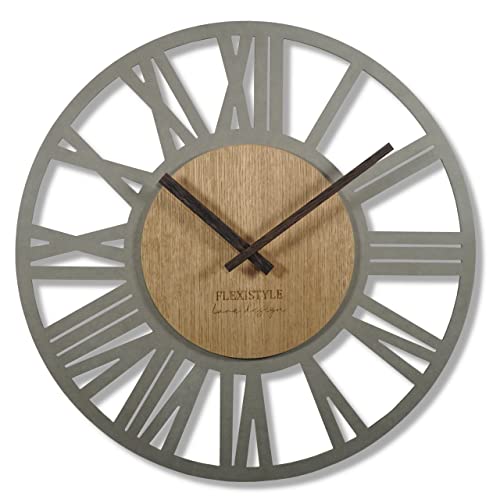 FLEXISTYLE Wanduhr groß Adulto 50cm Durchmesser LOFT Retro aus Holz Eiche ohne tickgeräusche Wohnzimmer (Grau/Eiche) von FLEXISTYLE