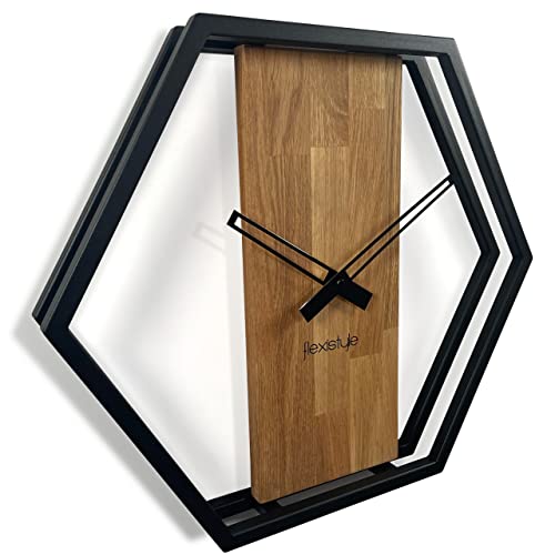 Wanduhr groß Hexagon Holz Eiche LOFT schwarz Industrial modern 50cm Durchmesser ohne Ticken von FLEXISTYLE