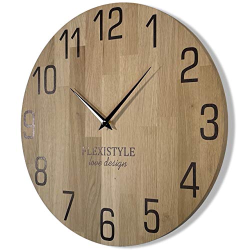 FLEXISTYLE Wanduhr Natur Durchmesser 50cm holzoptik 100% Eiche, Holz modern, Wohnzimmer, ohne tickgeräusche … (50cm, Schwarz) von FLEXISTYLE