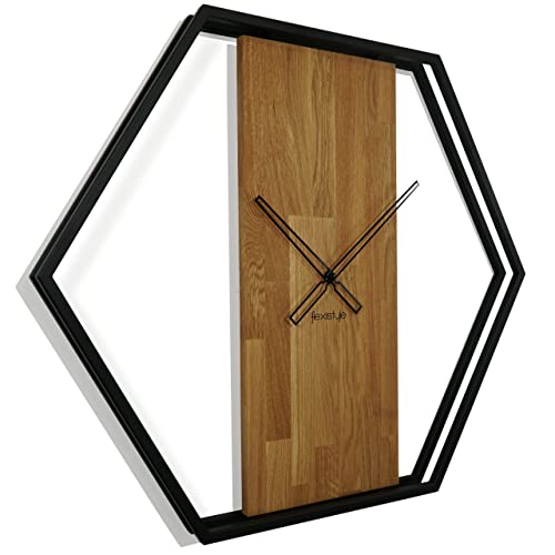 FLEXISTYLE Wanduhr groß XXL Hexagon Holz Eiche LOFT schwarz Industrial modern 80cm Durchmesser ohne Ticken von FLEXISTYLE