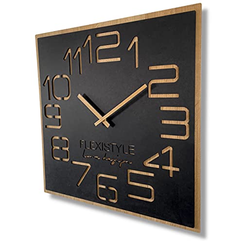 FLEXISTYLE Wanduhr groß holzoptik Holz Digits ECO, quadratisch Stille, Wohnzimmer, Schlafzimmer, Made in EU (Schwarz, 60 cm) von FLEXISTYLE