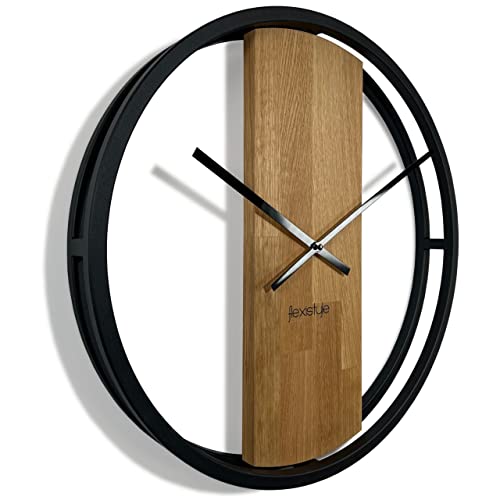 FLEXISTYLE Wanduhr groß ohne tickgeräusche LOFT OVAL Metall schwarz 3D XXL modern Holz Badezimmer Wohnzimmer (50cm Durchmesser) von FLEXISTYLE