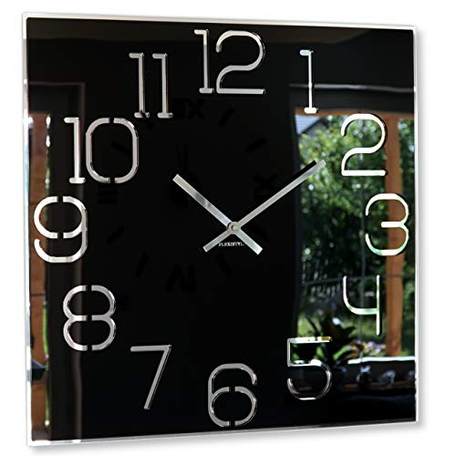 FLEXISTYLE Wanduhr groß quadratisch Digit 50cm Durchmesser, ohne tickgeräusche modern, Design Acrylglas und Acrylspiegel, Wohnzimmer, Schlafzimmer (Schwarz) von FLEXISTYLE