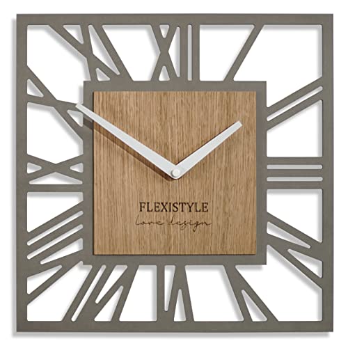 FLEXISTYLE Wanduhr ohne tickgeräusche modern LOFT Piccolo Square 30cm Wohnzimmer Badezimmer (Grau Eiche) von FLEXISTYLE