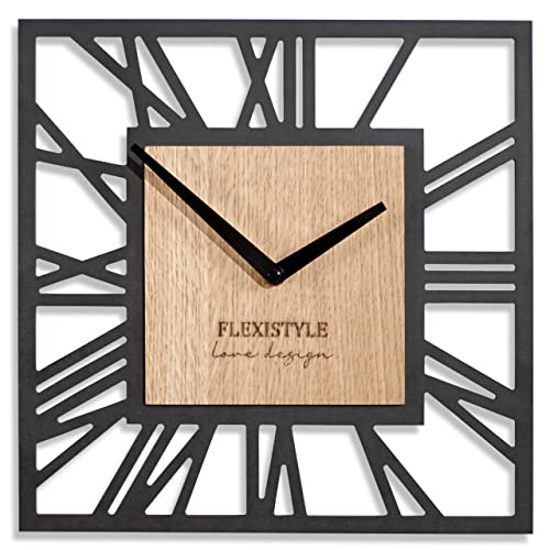 FLEXISTYLE Wanduhr ohne tickgeräusche modern LOFT Piccolo Square 30cm Wohnzimmer Badezimmer (Schwarz Eiche) von FLEXISTYLE