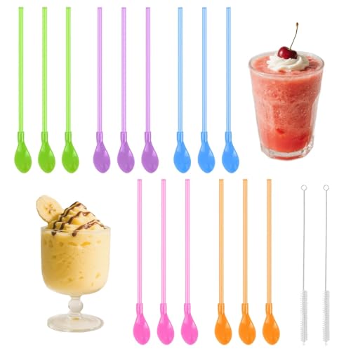 FLEXNOVA 15 Stück Strohhalm Löffel Plastik Bunt, Slush Strohhalme Latte Macchiato Löffel mit Strohhalm, 2 in 1 Löffelstrohhalme Wiederverwendbare löffel-trinkhalme für Cocktails,Smoothies,Milchshakes von FLEXNOVA