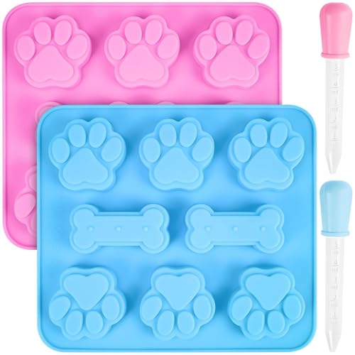 FLEXNOVA 2 Stück Backmatte Hundekekse, Silikonformen für Hundepfote und Knochen Hundekekse Backmatte Silikonform Hund Pfote Backform mit 2 Pipetten Kinder Hundebackmatten Hunde Backmatte Eisform von FLEXNOVA