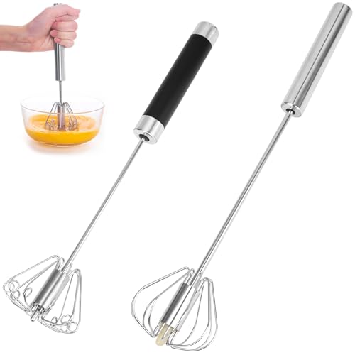 FLEXNOVA 2 Stück Halbautomatischer Schneebesen aus Edelstahl, 10+12 in Rührbesen Set Klein, Automatischer Rührer Multifunktionaler Schneebesen Whisk, Drehbarer Push Mixer Rührer zum Mischen Schlagen von FLEXNOVA