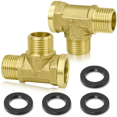 FLEXNOVA 2 Stück T Stück 1/2 Zoll, Messing T-stück 1/2 Zoll T Stück Adapter Rohr Wasseranschluss mit 4 Dichtungen G1/2"(Ø20mm) Duschschlauch Adapter für Trinkwasser Wasserhahn AGxAGxIG von FLEXNOVA