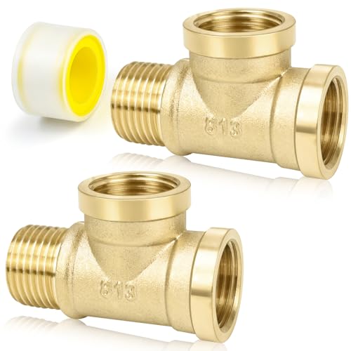 FLEXNOVA 2 Stück T Stück 1/2 Zoll (Ø 20mm), Messing T-stück 1/2 Zoll T Stück Adapter Wasseranschluss mit 2m Gewindedichtband G1/2" Adapter für Trinkwasser Wasserhahn Bad Wasseranschluss AGxIGxIG von FLEXNOVA
