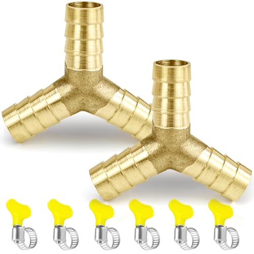 FLEXNOVA 2 Stück Y Stück 1/2 zoll (12mm) Messing mit 6 Stück Schlauchklemmen, Y Verteiler Gartenschlauch Wasserverteiler 1/2 zoll Wasseranschluss 3-Wege-Schlauchverbinder Stutzen Verbinder von FLEXNOVA