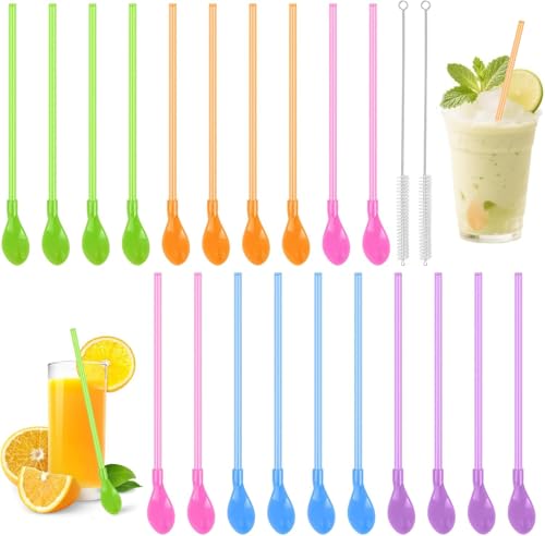 FLEXNOVA 20 Stück Strohhalm Löffel Plastik Bunt, Slush Strohhalme Latte Macchiato Löffel mit Strohhalm, 2 in 1 Löffelstrohhalme Wiederverwendbare löffel-trinkhalme für Smoothies,Cocktails,Milchshakes von FLEXNOVA