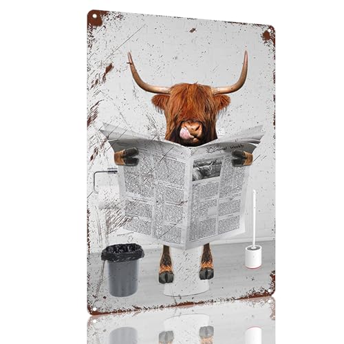 Blechschild im Vintage-Stil, schottische Hochlandkuh liest Zeitung in Toilette, lustiges Tier, Wandkunst, Dekoration für Badezimmer, Toilette, Bar, Zuhause, Retro-Dekoration, 20,3 x 30,5 cm Blechschild im Vintage-Stil, schottische Hochlandkuh liest Zeitung in Toilette, lustiges Tier, Wandkunst, Dekoration für Badezimmer, Toilette, Bar, Zuhause, Retro-Dekoration, 20,3 x 30,5 cm von FLFGIDD