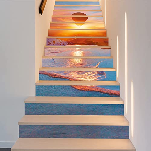 FLFK 13Pcs 3D Sonnenuntergang Strand selbstklebende Treppenaufkleber -Schälen und kleben Treppenaufkleber für Home Office Treppenstufen Dekoration 39,3 "b x 7" h von FLFK