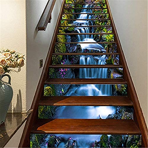 FLFK 13Pcs 3D Wasserfall Naturlandschaft selbstklebende Treppenaufkleber -Schälen und kleben Treppenaufkleber für Home Office Treppenstufen Dekoration 39.3" x 7.08" von FLFK