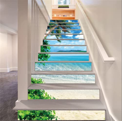 FLFK 13pcs Treppensteiger Aufkleber Abziehen und Aufkleben - 3D Blaue Meereslandschaft Palme Selbstklebende Treppe Aufkleber Dekor für Treppe Schritte Home Decor 39.37 "x7.09" von FLFK