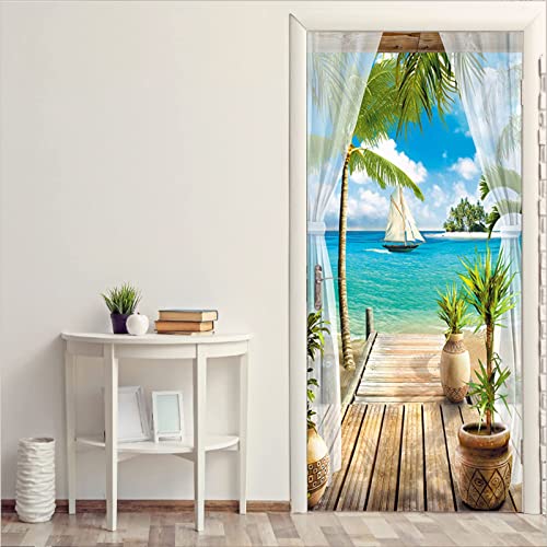 FLFK 3D Blauer Himmel Weiße Wolken Kokosnussbaum Landschaft Türtapete Wandbilder Selbstklebend Tür Poster Vinyl Entfernbar Mauer Aufkleber Zuhause Dekor 77x200CM von FLFK