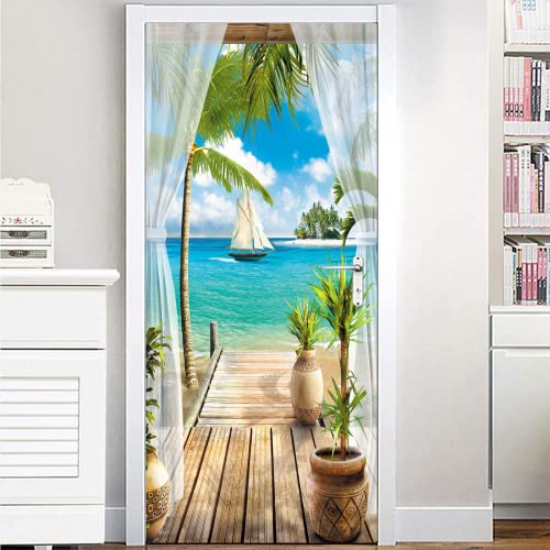FLFK 3D Blauer Himmel Weiße Wolken Kokosnussbaum Landschaft Türtapete Wandbilder Selbstklebend Tür Poster Vinyl Entfernbar Mauer Aufkleber Zuhause Dekor 85x215CM von FLFK