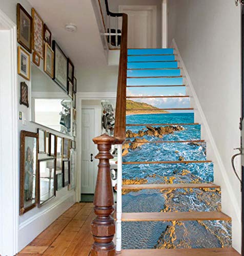 FLFK 3D Blaues Ozeanmeer und felsen Selbstklebend Treppen Aufkleber Vinyl Abnehmbare Aufkleber für Treppenhaus Zuhause Dekoration 39.3Zoll x7.08Zoll x13 stücke von FLFK
