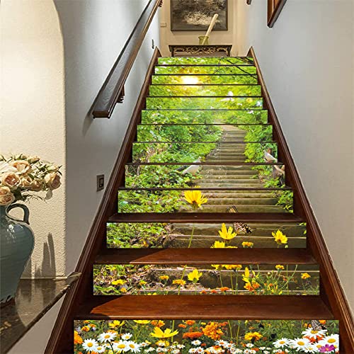 FLFK 3D Blumen Schmetterlings landschaft Selbstklebend Treppen Aufkleber Vinyl Abnehmbare Aufkleber für Treppenhaus Zuhause Dekoration 39.3Zoll x7.08Zoll x13 stücke von FLFK