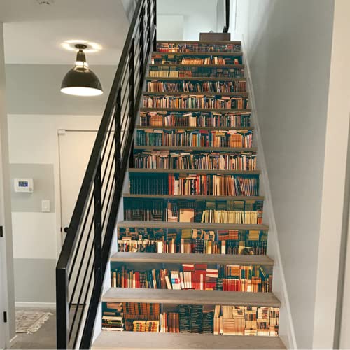 FLFK 3D Bücherregal Selbstklebend Treppe Aufsteher Wandmalerei Vinyl Abziehbild Tapezieren Aufkleber 39.3Zoll x7.08Zoll x 13stücke von FLFK