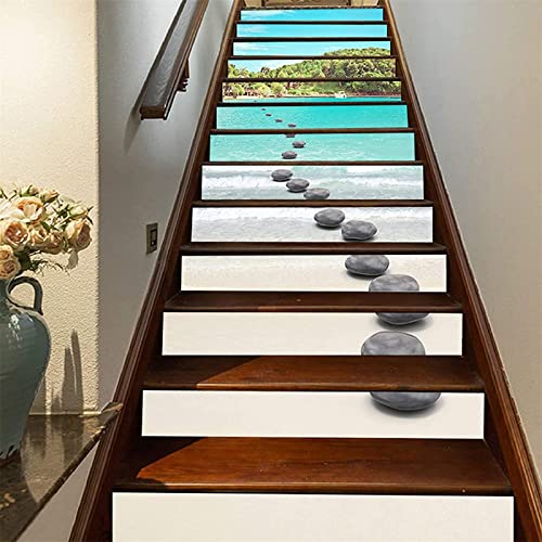 FLFK 3D Cobblestone Road to the Beach Selbstklebend Treppen Aufkleber Vinyl Abnehmbare Aufkleber für Treppenhaus Zuhause Dekoration 39.3Zoll x7.08Zoll x13 stücke von FLFK