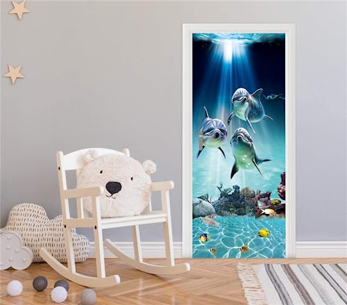 FLFK 3D Delfin Türtapete Selbstklebend Tür Poster Vinyl Entfernbar Wohnzimmer Mauer Aufkleber Zuhause Dekor 30.3Zoll x78.7 Zoll von FLFK