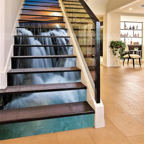 FLFK 3D Erstaunlicher Sonnenuntergang Wasserfall Natürlich Landschaft Selbstklebend Treppe Aufsteher Wandmalerei Vinyl Abziehbild Tapezieren Aufkleber 39.3Zoll x7.08Zoll x 13stücke von FLFK