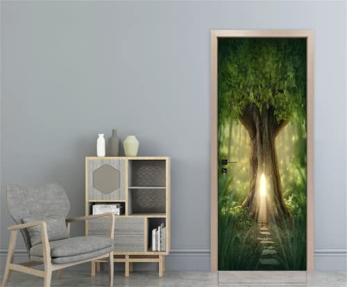 FLFK 3D Fantasie Licht Baum Haus Türtapete Selbstklebend Tür Poster Vinyl Entfernbar Mauer Aufkleber Zuhause Dekor 77x200cm von FLFK