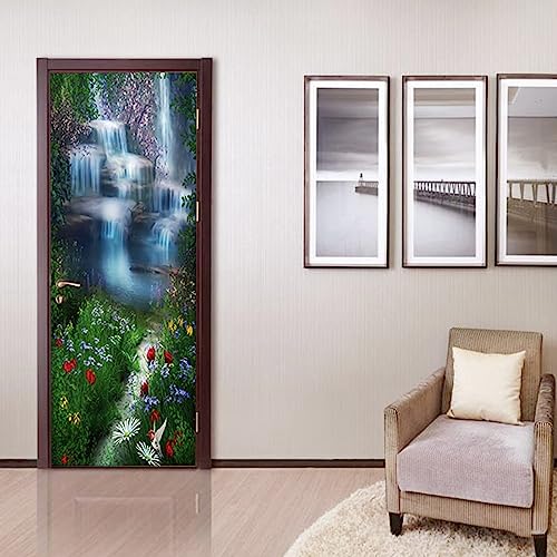 FLFK 3D Fantasie Wasserfall Blumen Türtapete Wandbilder Selbstklebend Tür Poster Vinyl Entfernbar Mauer Aufkleber Zuhause Dekor 30.3Zoll x78.7 Zoll von FLFK