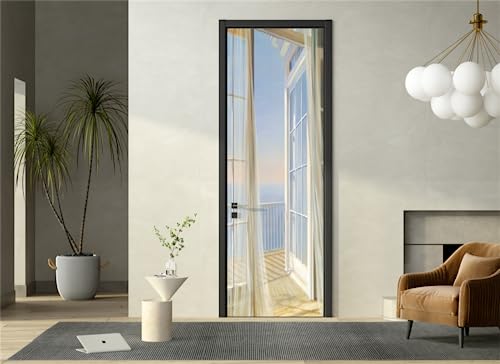 FLFK 3D Fenster Balkon Landschaft Wohnzimmer Türtapete Wandbilder Selbstklebend Tür Poster Vinyl Entfernbar Mauer Aufkleber Zuhause Dekor 77X200CM von FLFK