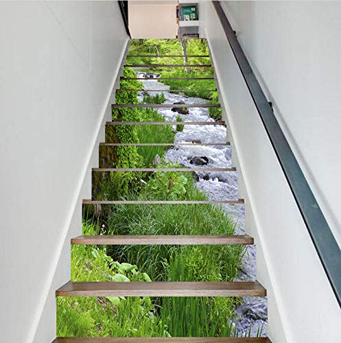 FLFK 3D Fluss im Gras Land Selbstklebend Treppe Aufsteher Wandmalerei Vinyl Abziehbild Tapezieren Aufkleber 39.3Zoll x7.08Zoll x 13stücke von FLFK