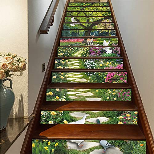 FLFK 3D Frühlings Blumen Garten Vogel Rotwild Selbstklebend Treppen Aufkleber Vinyl Abnehmbare Aufkleber für Treppenhaus Zuhause Dekoration 39.3Zoll x7.08Zoll x13 stücke von FLFK