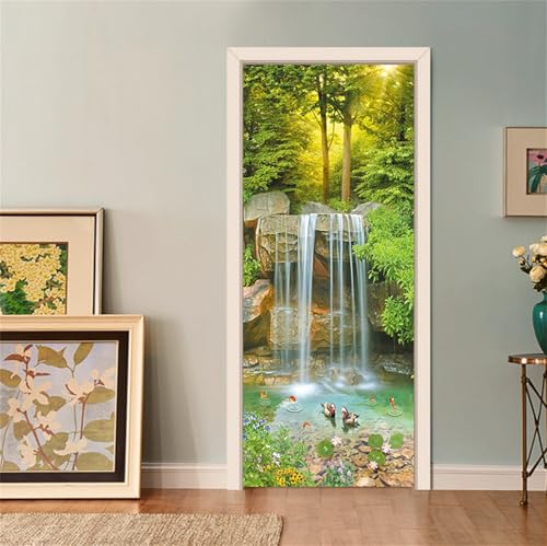 FLFK 3D Gebirgsbach Wasserfall Wohnzimmer Türtapete Wandbilder Selbstklebend Tür Poster Vinyl Entfernbar Mauer Aufkleber Zuhause Dekor 77X200CM von FLFK