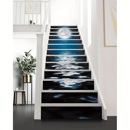 FLFK 3D Hell Mondlicht beim Meer Selbstklebend Treppe Aufsteher Wandmalerei Vinyl Abziehbild Tapezieren Aufkleber 39.3Zoll x7.08Zoll x 13stücke von FLFK