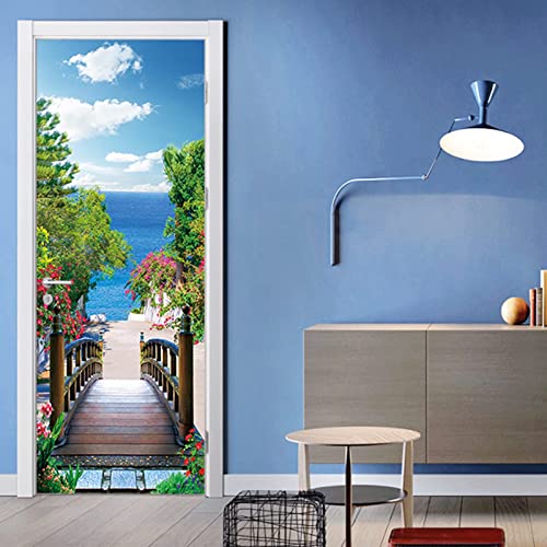 FLFK 3D Türtapete Selbstklebend TürPoster 77x200cm-Hölzerne Brücken Küstenlandschaft Türaufkleber Abziehen und Aufkleben Mauer Aufkleber Zuhause Dekor(2 Stk/Set) von FLFK