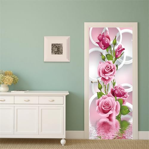 FLFK 3D Kreis Rose Blume Wohnzimmer Türtapete Wandbilder Selbstklebend Tür Poster Vinyl Entfernbar Mauer Aufkleber Zuhause Dekor 77X200CM von FLFK