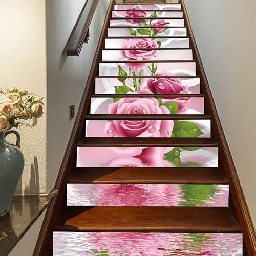 FLFK 3D Kreis Rose Rosa Blume Selbstklebend treppenaufkleber Wandmalerei Vinyl Treppe Steigleitung Abziehbilder 39.3Zoll x7.08Zoll x 13stücke von FLFK