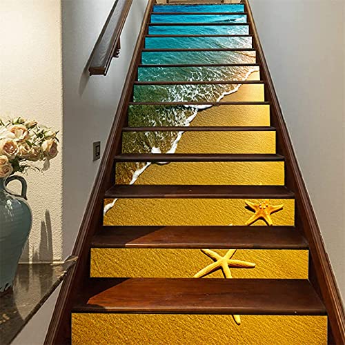 FLFK 3D Küstenstrand Selbstklebend Treppe Aufsteher Wandmalerei Vinyl Seestern Treppe Aufkleber Abziehbild Tapezieren Aufkleber 39.3Zoll x7.08Zoll x 13stücke von FLFK