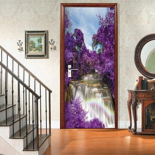 FLFK 3D Lila Bäume Wasserfall Türtapete Wandbilder Selbstklebend Tür Poster Vinyl Entfernbar Mauer Aufkleber Zuhause Dekor 85X215CM von FLFK