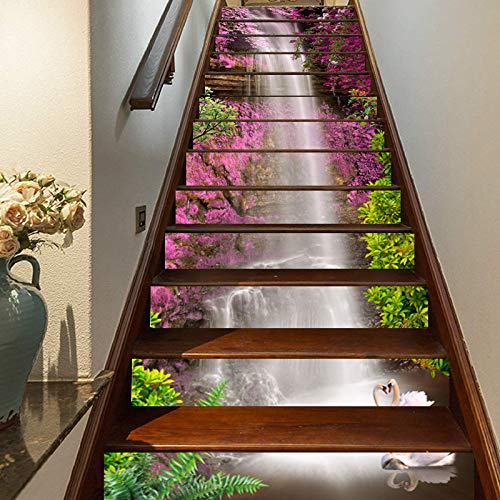 FLFK 3D Lila Blumen Wasserfall Selbstklebend Treppen Aufkleber Vinyl Abnehmbare Aufkleber für Treppenhaus Zuhause Dekoration 39.3Zoll x7.08Zoll x13 stücke von FLFK