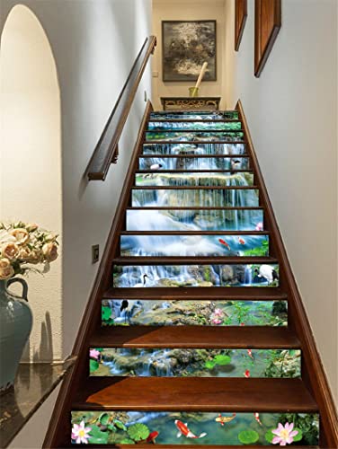 FLFK 3D Lotus Fisch felsen Selbstklebend Treppen Aufkleber Vinyl Abnehmbare Aufkleber für Treppenhaus Zuhause Dekoration 39.3Zoll x7.08Zoll x13 stücke (GXL1321_13pcs) von FLFK