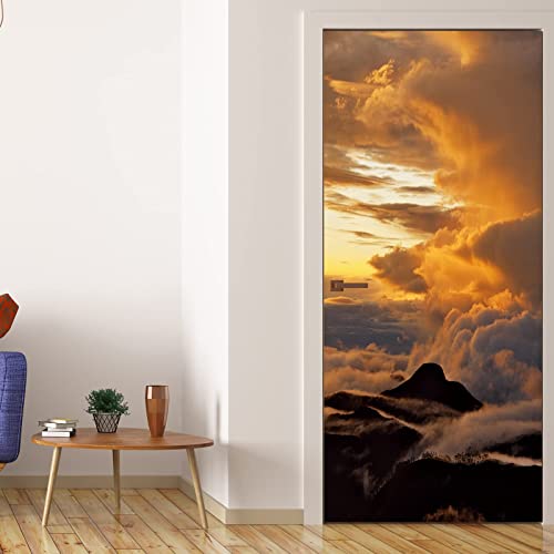 FLFK 3D Oranger Sonnenaufgang auf dem Berg Türtapete selbstklebend Türposter Vinyl Entfernbar Türaufkleber Aufkleber Zuhause Dekor 85X215CM von FLFK