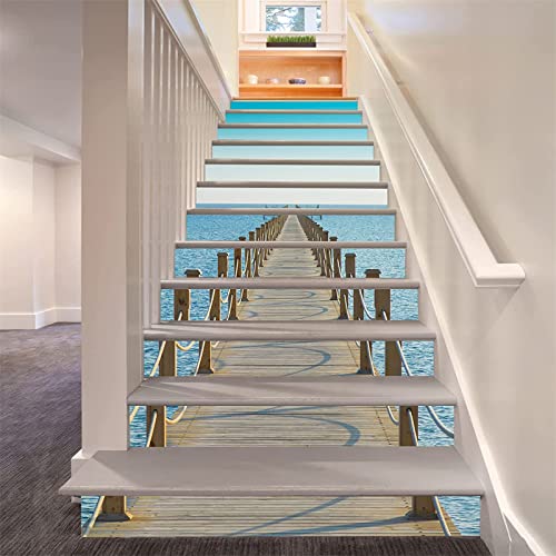 FLFK 3D Pier unter blauem Himmel Selbstklebend Treppen Aufkleber Vinyl Abnehmbare Aufkleber für Treppenhaus Zuhause Dekoration 39.3Zoll x7.08Zoll x13 stücke von FLFK